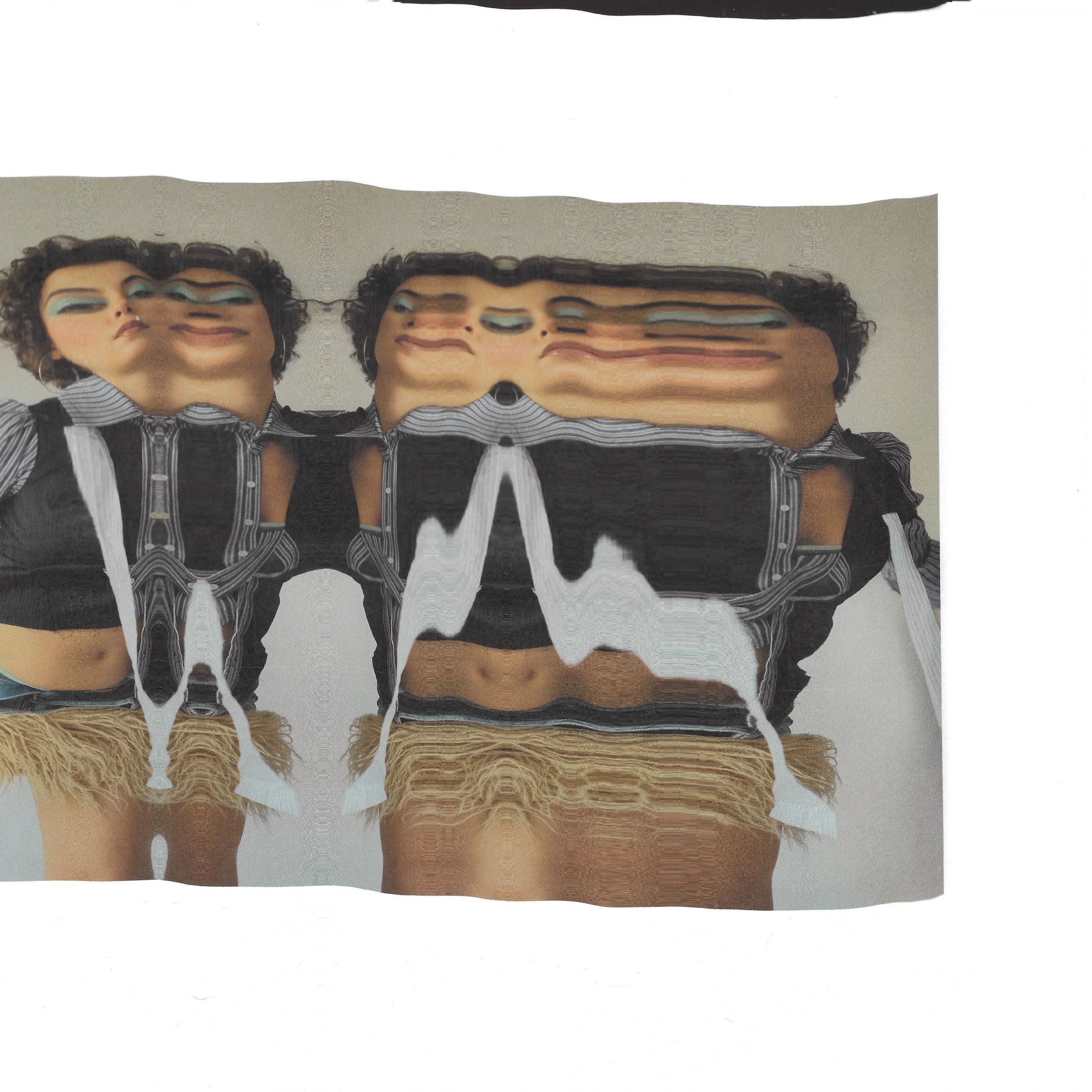 A distorted photo of two women with curly hair wearing black and white striped shirts and shorts, standing against a plain background.