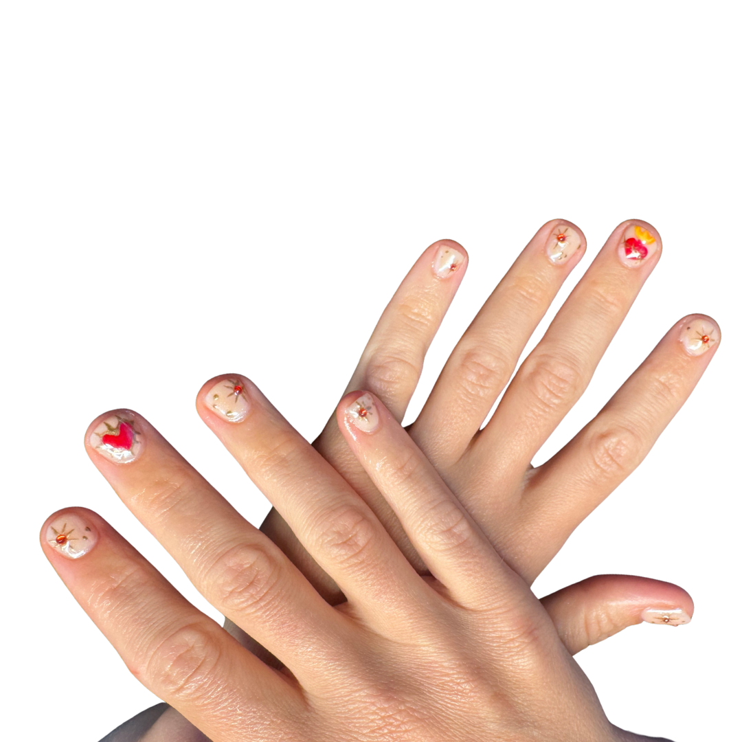 red sacred heart middle finger with gold accent and sparkle stars on other fingers