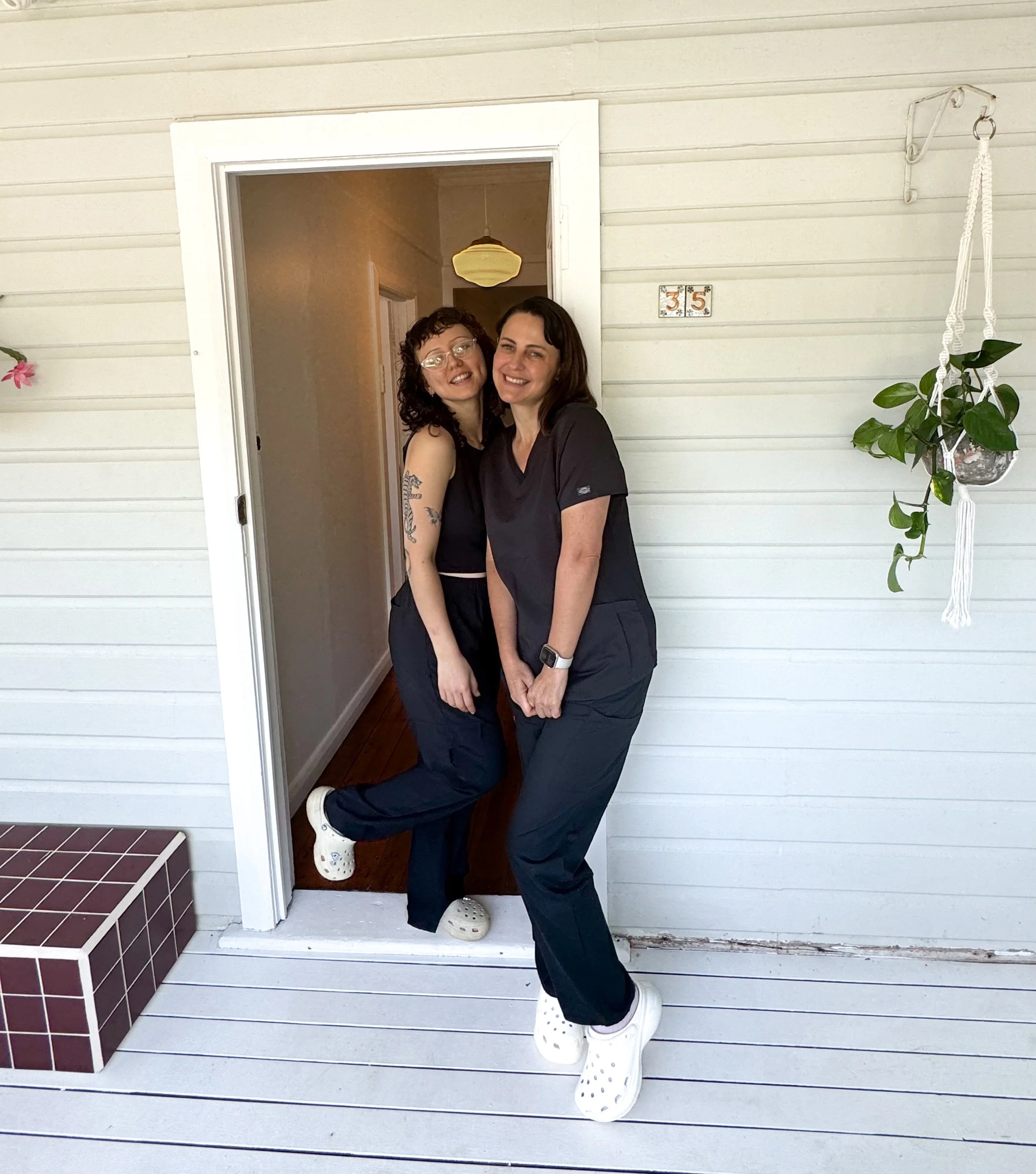 Valli House skin studio founders Karri and Charly Crossing out front of medispa