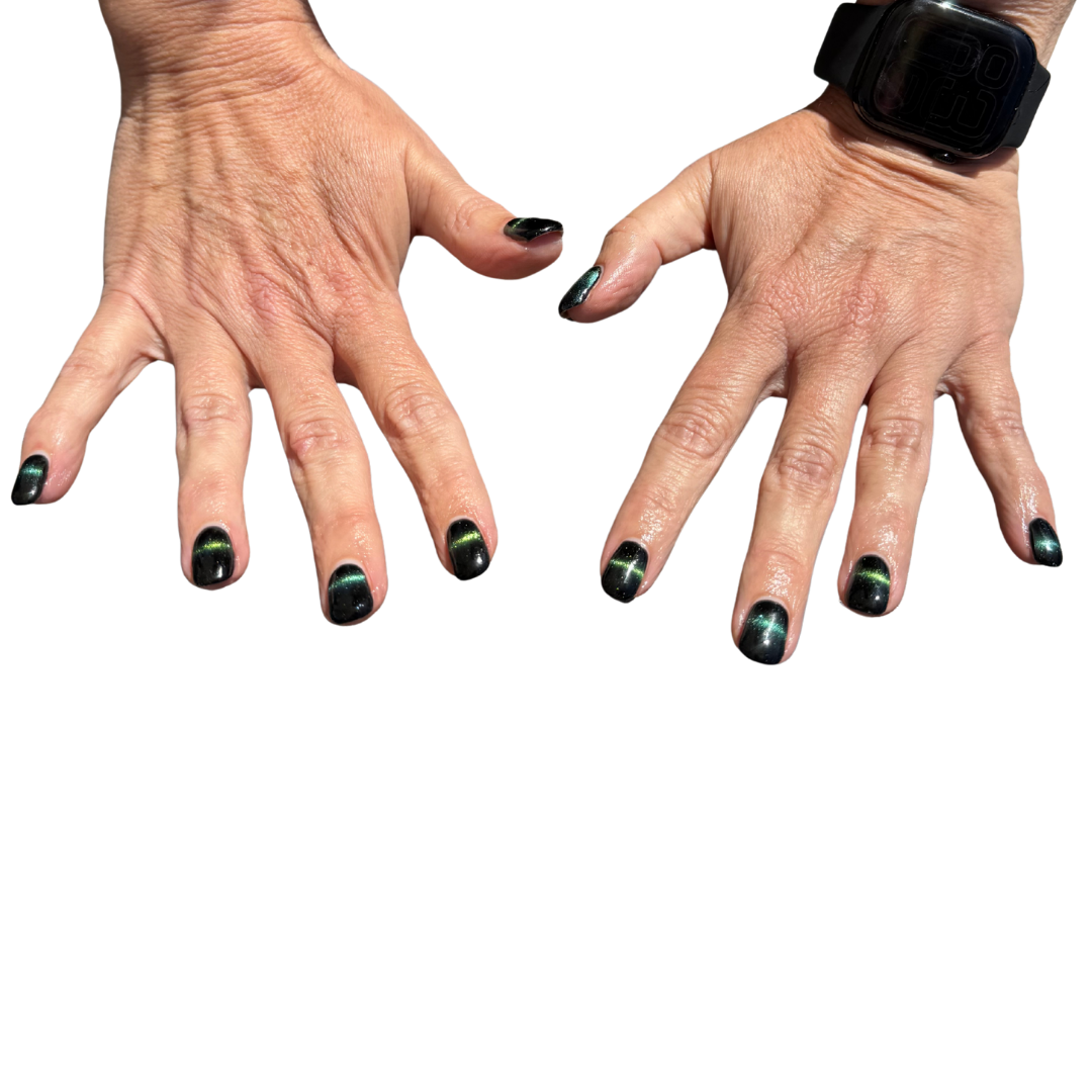 sparkle straight magnetic line green and blue light changing over black gel nails