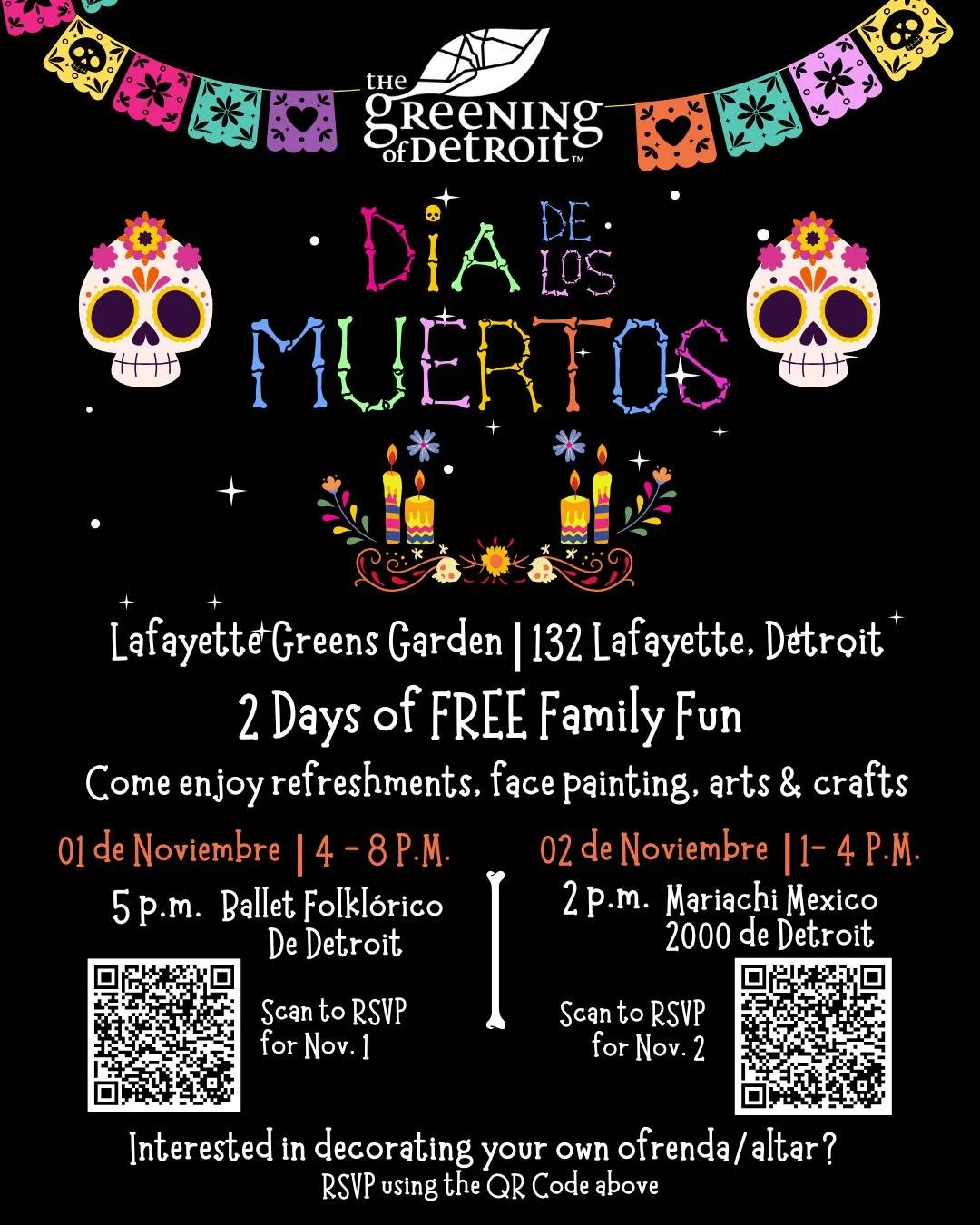 πΌ Join us for a beautiful Día de los Muertos celebration at Lafayette Greens! πΌ
On November 1 & 2, The Greening of Detroit invites you to honor life, memory, and community at our annual Día de los Muertos (Day of the Dead) event.