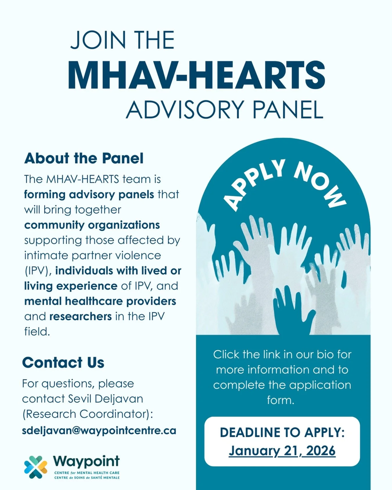 The MHAV-HEARTS team is forming advisory panels that will bring together people from community organizations supporting those affected by intimate partner violence (IPV), individuals with lived or living experience of IPV, and mental healthcare provi