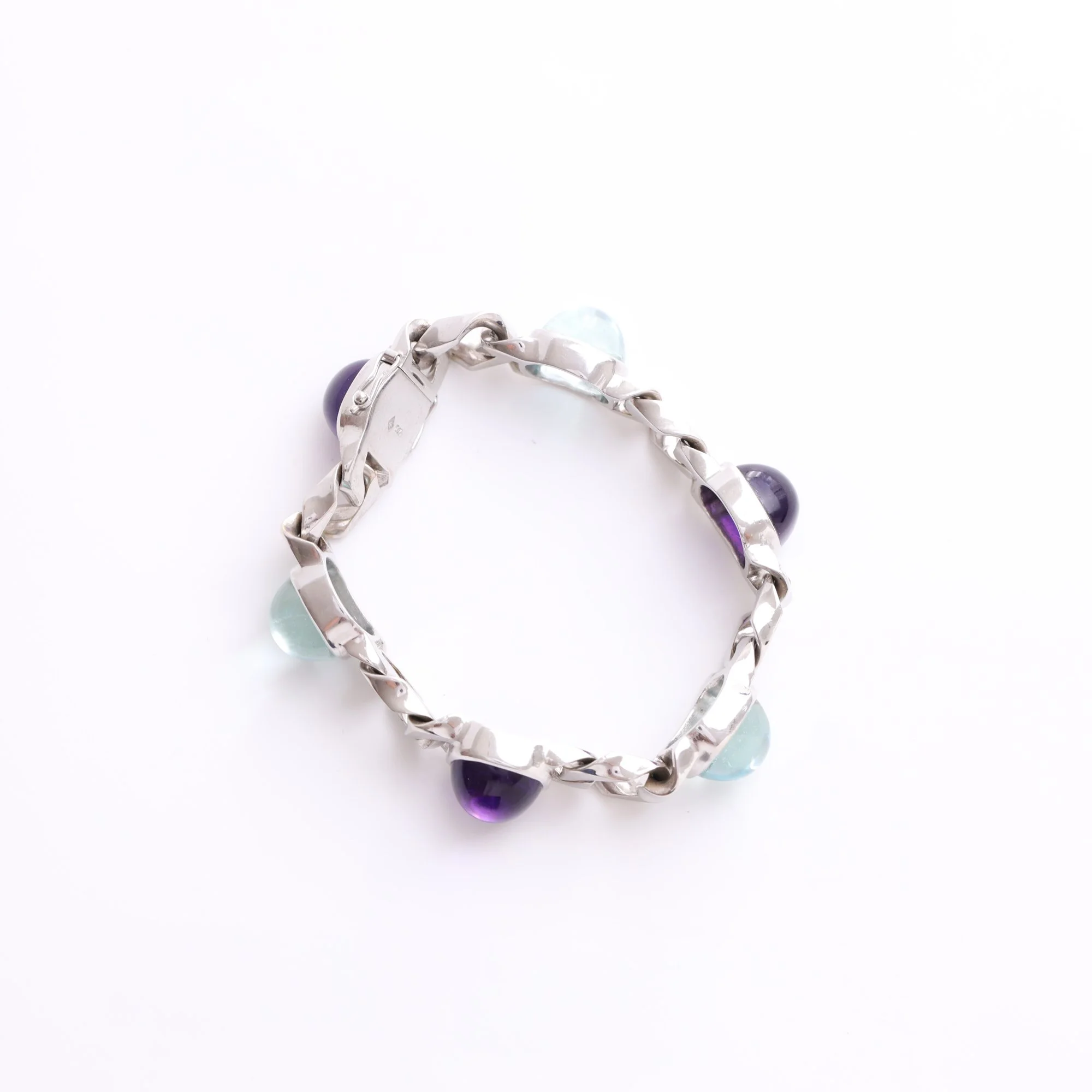 Massive 18k White Gold Sculptural Curb-Link Bracelet with Amethyst & Blue Topaz Cabochons.jpg