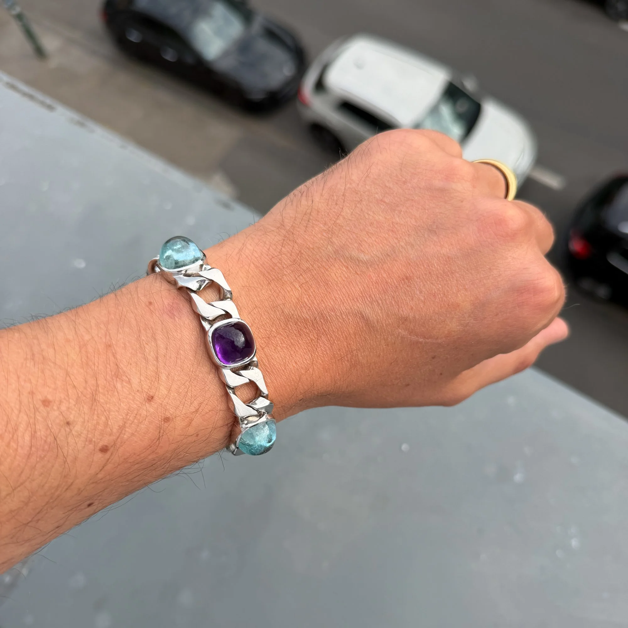 Massive 18k White Gold Sculptural Curb-Link Bracelet with Amethyst & Blue Topaz Cabochons.jpg