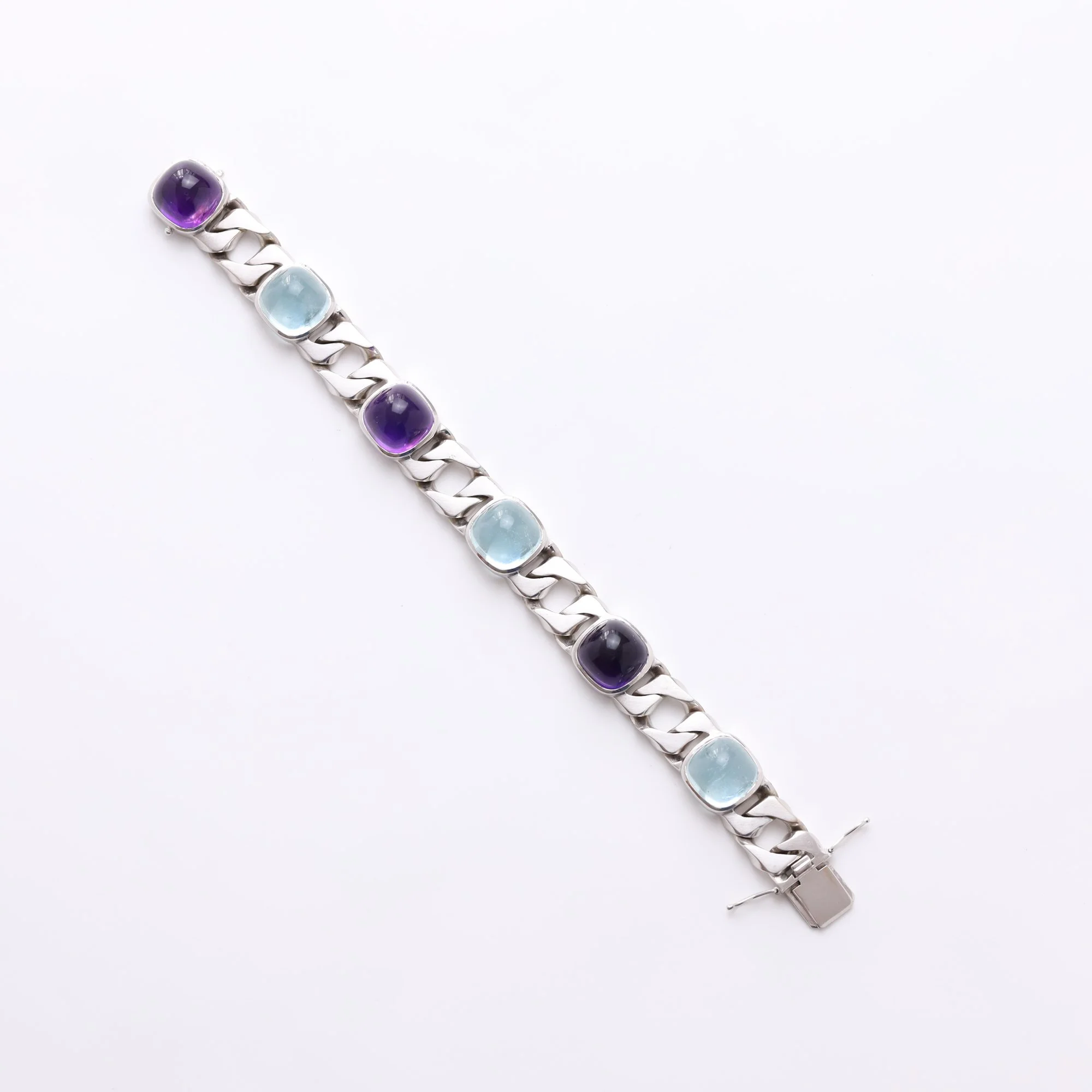 Massive 18k White Gold Sculptural Curb-Link Bracelet with Amethyst & Blue Topaz Cabochons.jpg