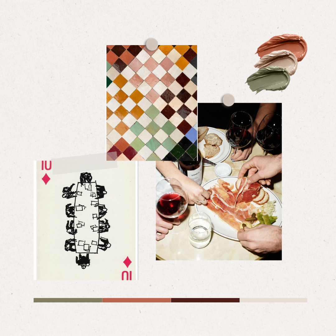 Collection of images including a color palette, a playing card, and a group of people sharing a meal with wine.