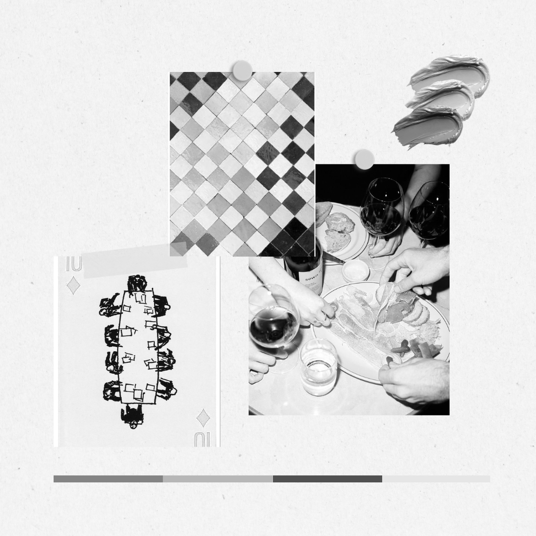 Collection of images including a color palette, a playing card, and a group of people sharing a meal with wine.