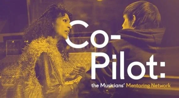 Photo of two people and words "Co-Pilot: The Musicians Mentoring Scheme"