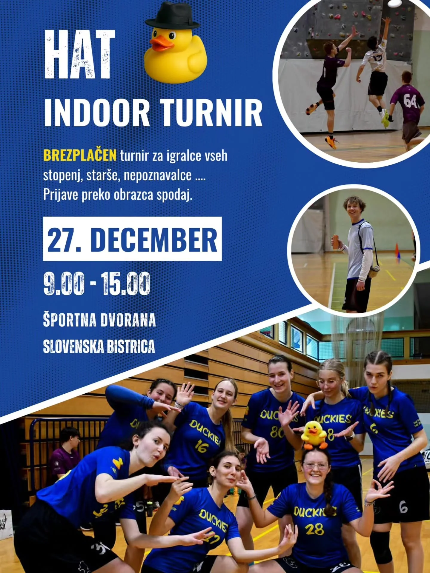 27. decembra bo v &scaron;portni dvorani v Slovenski Bistrici potekal prav poseben ultimate frizbi dogodek &ndash; prvi HAT turnir v na&scaron;em mestu 🥏❤️

Gre za spro&scaron;čen, zabaven in dinamičen format, kjer se vsak igralec prijavi kot posame
