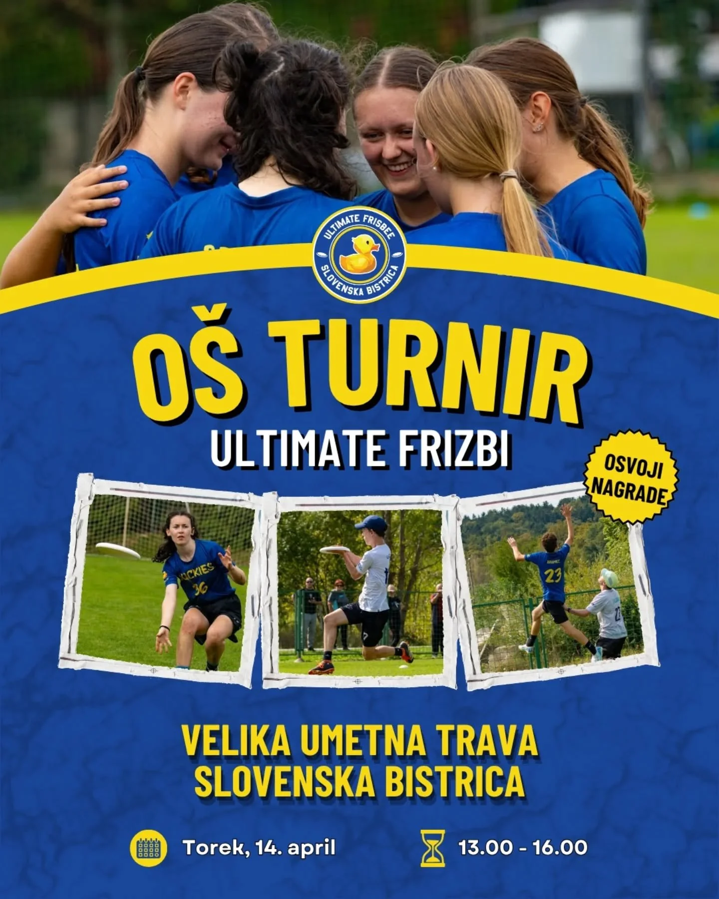 OSNOVNO&Scaron;OLSKI ULTIMATE FRIZBI TURNIR JE TU! 🥏

Pripravi se na akcijo, smeh in vrhunski &scaron;portni duh! 💙💛

📍 Kje? Velika umetna trava, Slovenska Bistrica
🕐 Kdaj? Torek, 14. april
⏰ Zbor ekip: 12:45
🚀 Začetek tekem: 13:05

🌦️ Če bi v