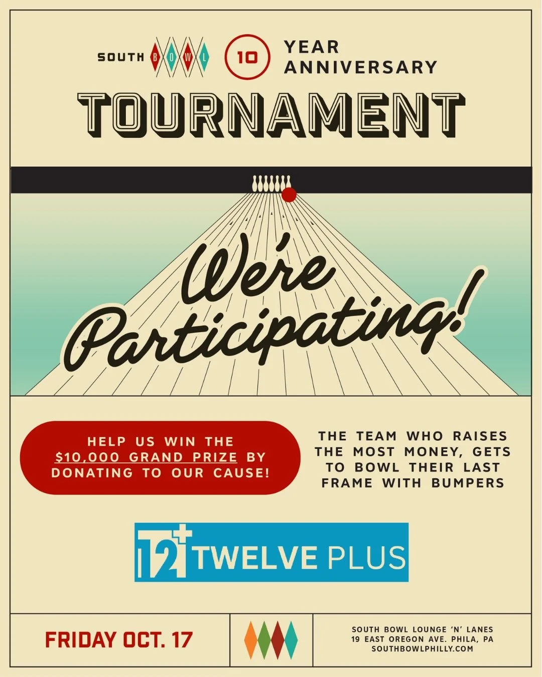 We’re in! 🙌
12 Plus is competing in @southbowlphilly 10th Anniversary Bowling Tournament for a shot at $10,000 THIS FRIDAY! 🎳
Our team is ready to roll—but we need your support! We’re raising funds for a special “last fr