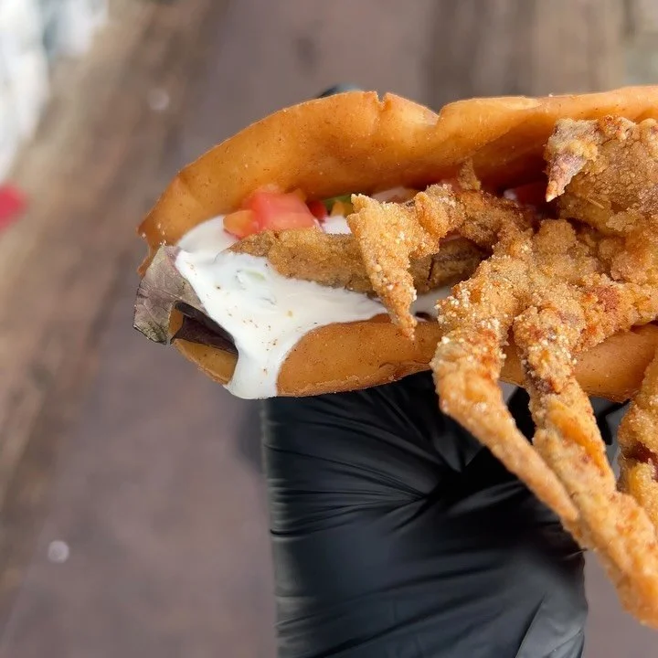Have you ever wondered what a NC Softshell Chalupa tastes like⁉️
Well here’s your chance to find out!! 
Fried NC Softshell Crab, lettuce, tomato, cheese, sour cream, all wrapped in a fried pita shell 🦀
On special all week at our midtown mark