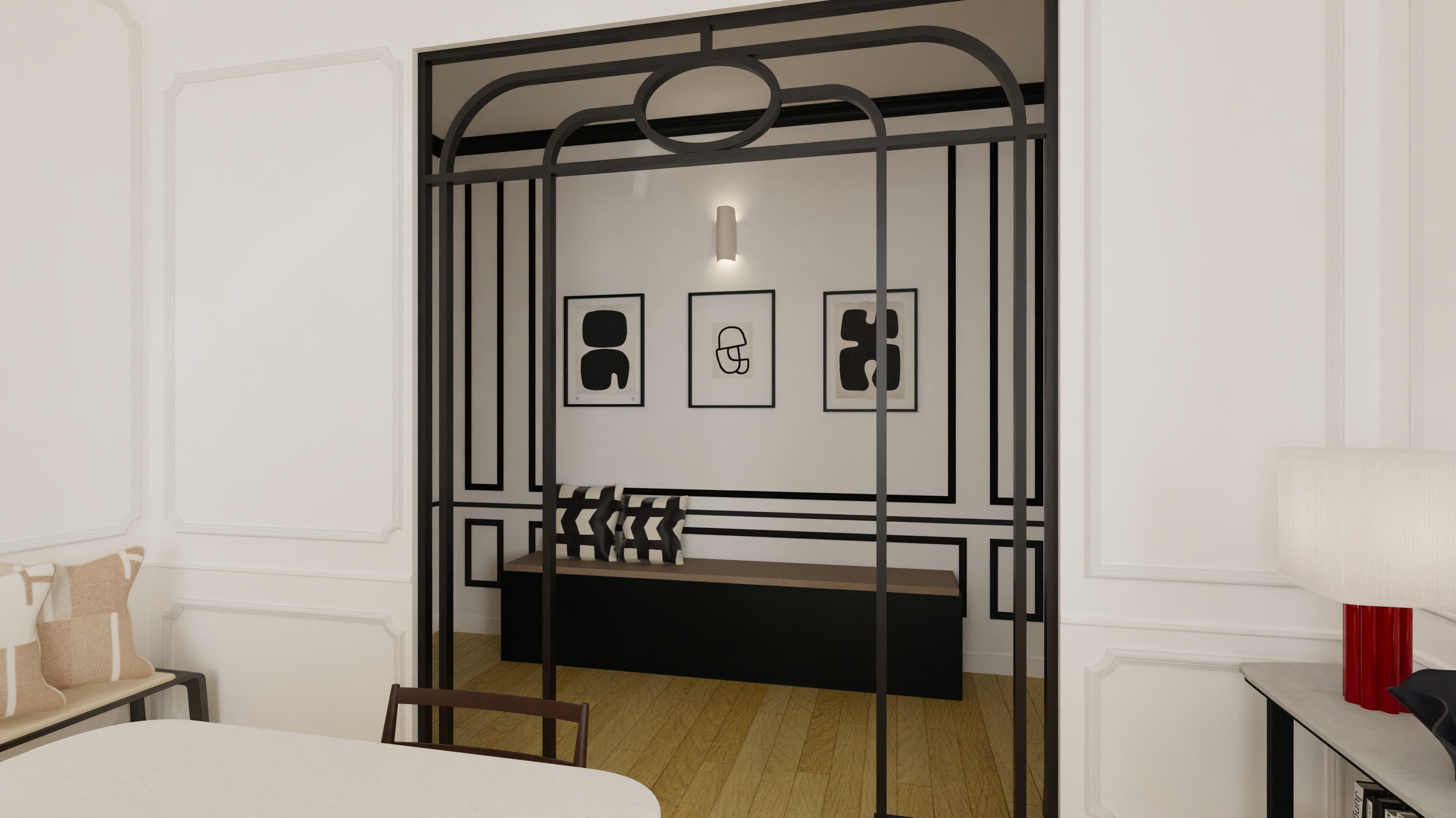 Entrée - Appartement - Parisien - Moulures - noir et blanc - Verrière