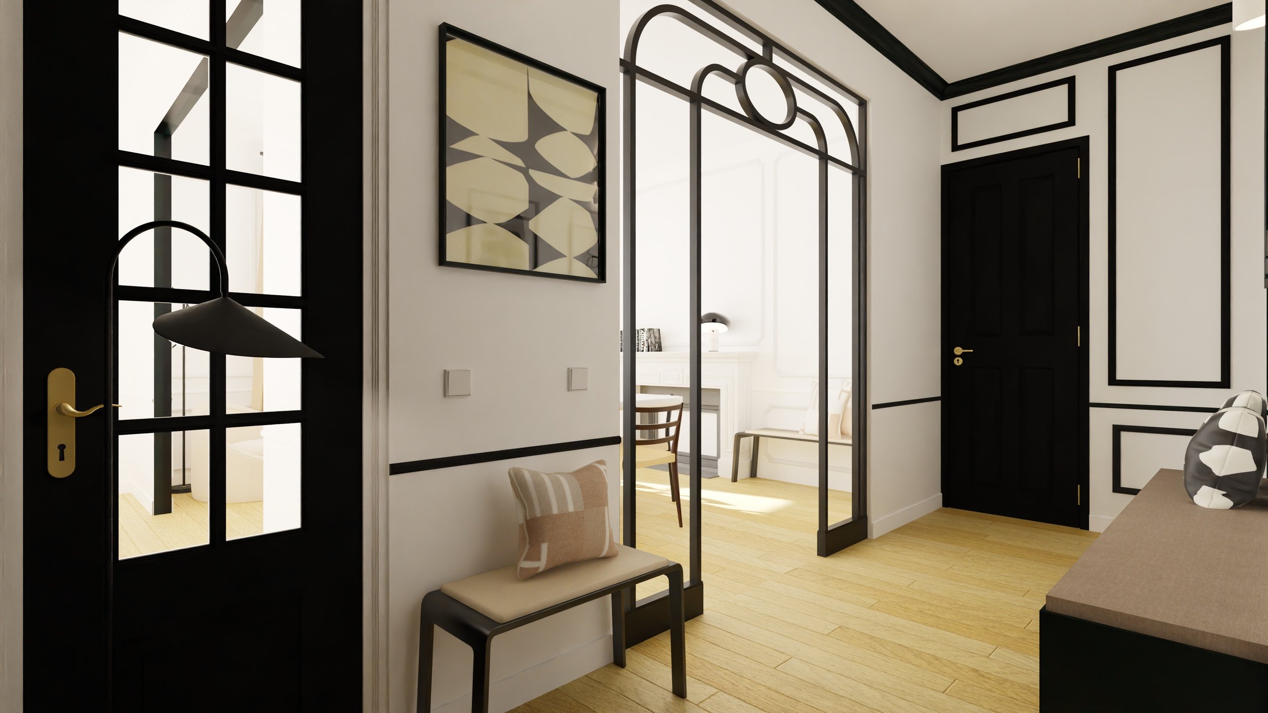 Entrée - Appartement - Parisien - Moulures - noir et blanc