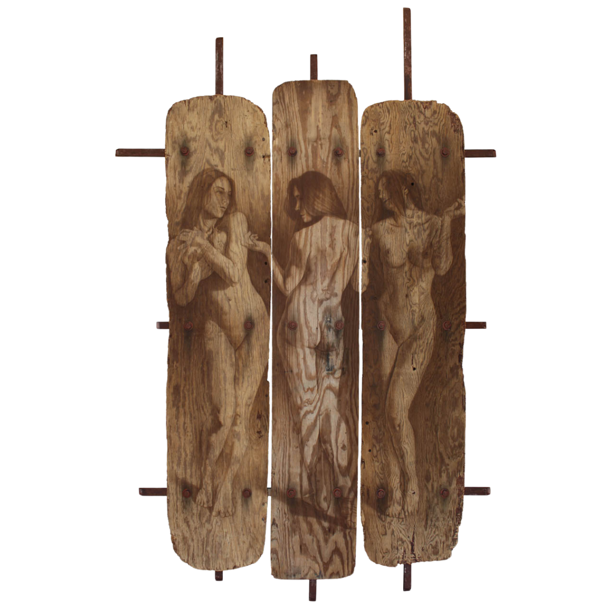 "Las Tres Gracias", 2016, acrílico sobre madera y metal.