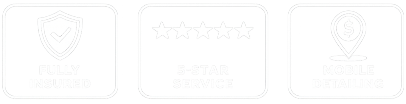 Icons representing fully insured, 5-star service, and mobile detailing services.