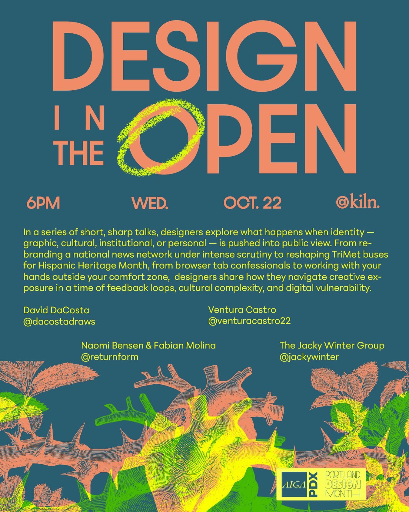 π€© Don’t miss out on Design in the Open THIS WEDNESDAY, October 22nd, from 6 to 8 PM at Kiln (@kiln.co) as part of Portland Design Month 2025 (@pdxdesignmonth)!
 
Hear from designers as they unpack what happens when identity - graphic, cultural