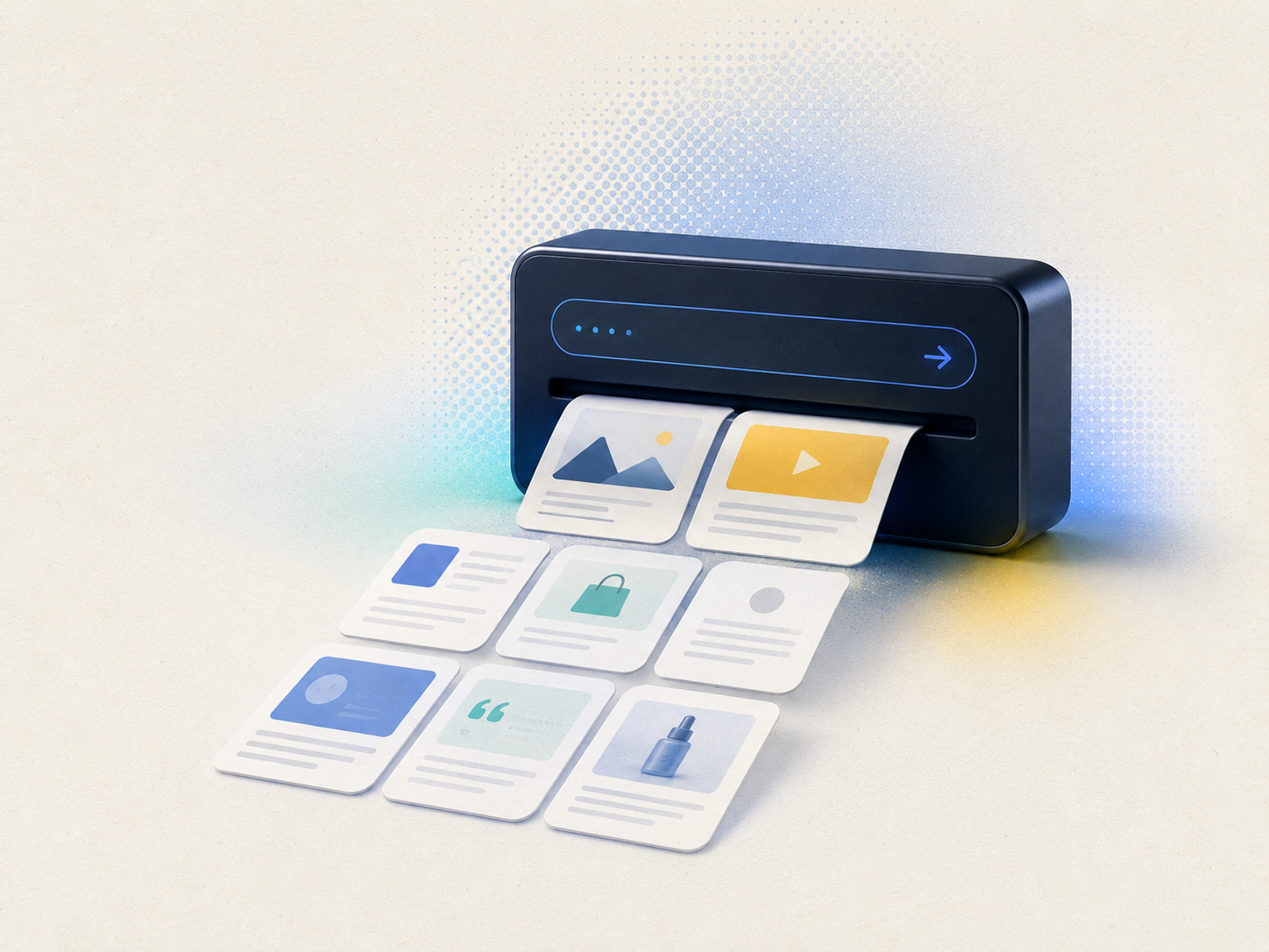 A machine printing digital cards with images, text, and icons on a light background.