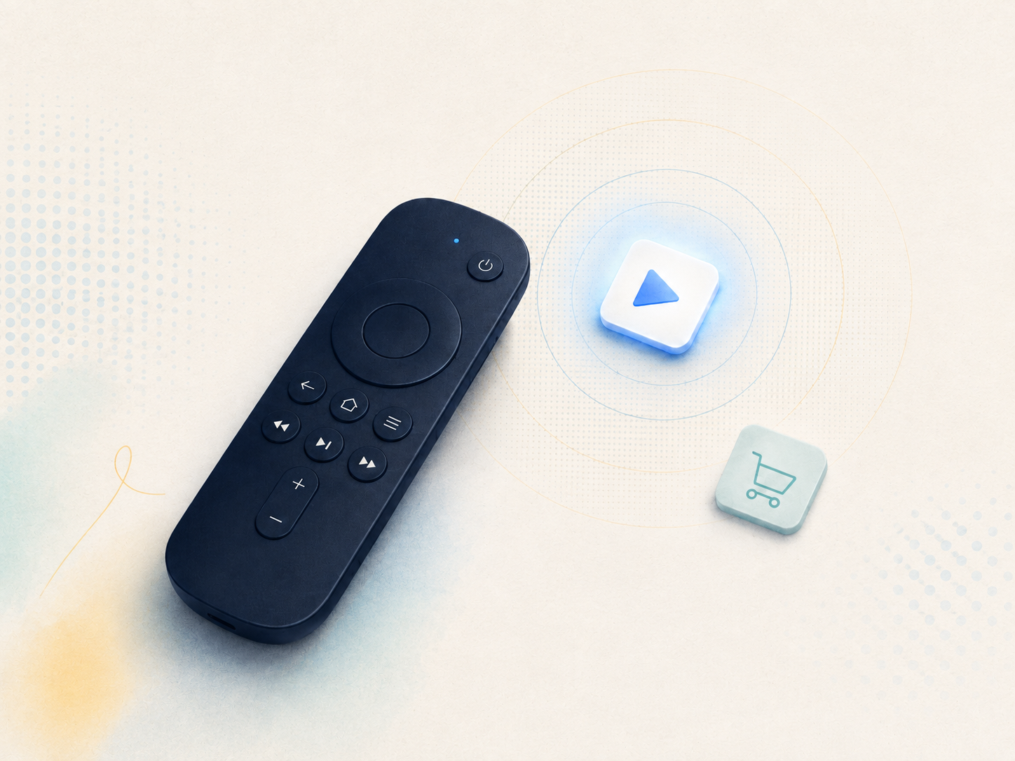 A remote control, a glowing play button, and shopping cart icons on a plain light-colored surface.