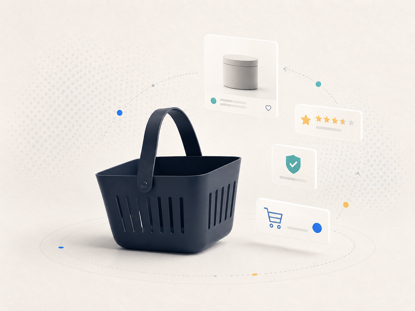 A black shopping basket with digital icons floating above it, including a product image, star rating, security badge, and shopping cart symbols, representing online shopping and e-commerce.