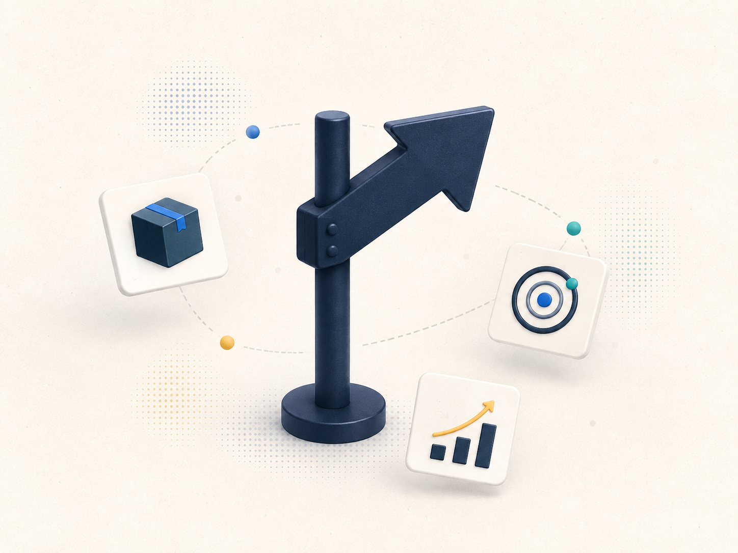 3D illustration of a signpost with an upward arrow and various digital icons related to analytics and growth, such as a bar graph with an upward trend, a target, a cube with a ribbon, and colored spheres connected by dotted lines.