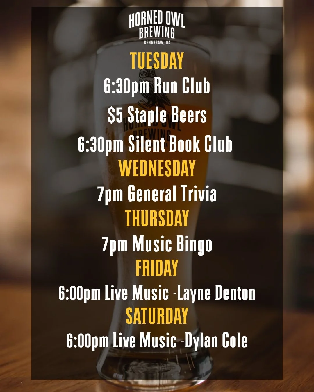 This week at Horned Owl Brewing!

We have one spot for speed puzzles left available for next week! If you would like to get a team and compete, be sure to register early at the brewery!

#HornedOwlBrewing #runclub #silentbookclub #trivia #musicbingo 