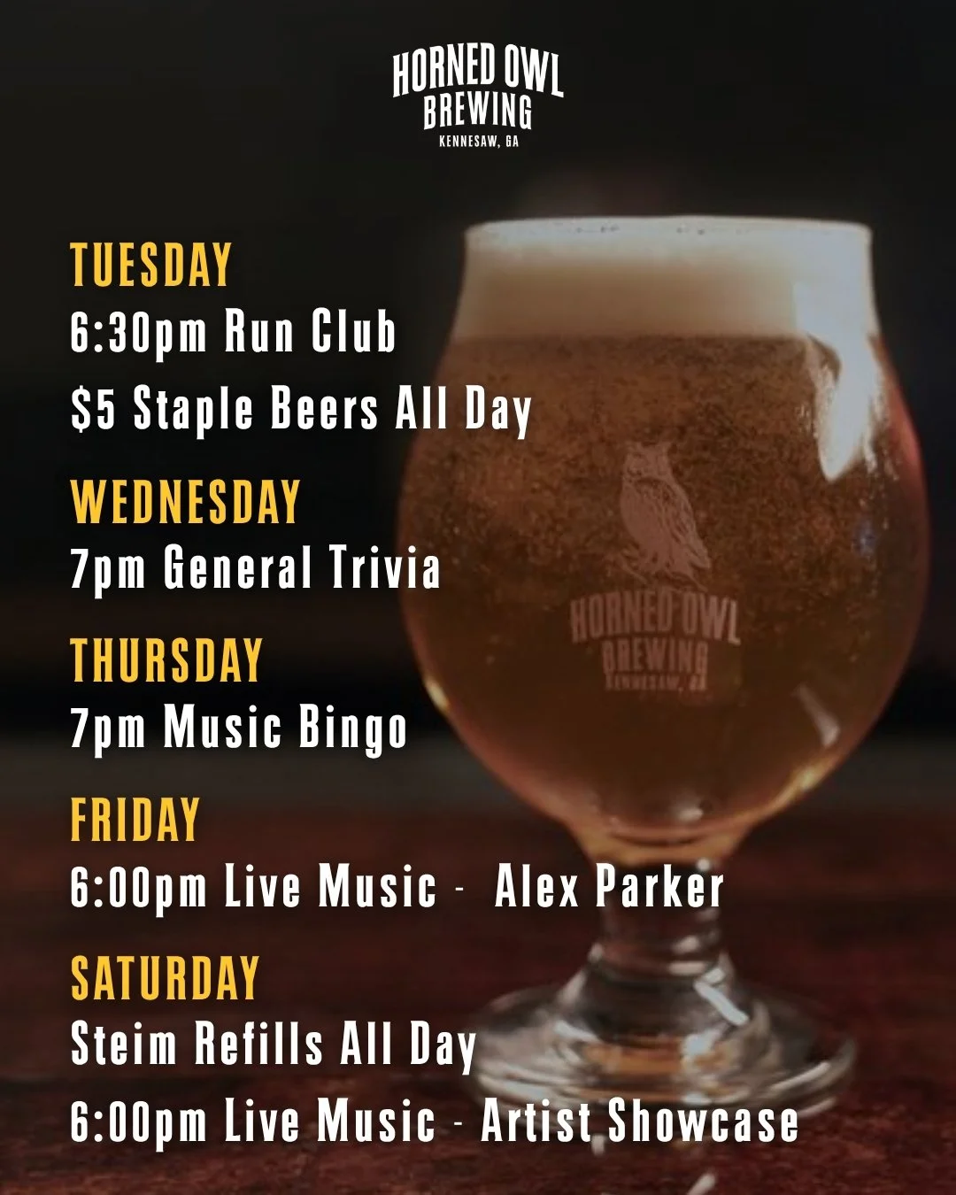 This week at Horned Owl!

#HornedOwlBrewing #drinklocal #runclub #trivia #musicbingo #livemusic