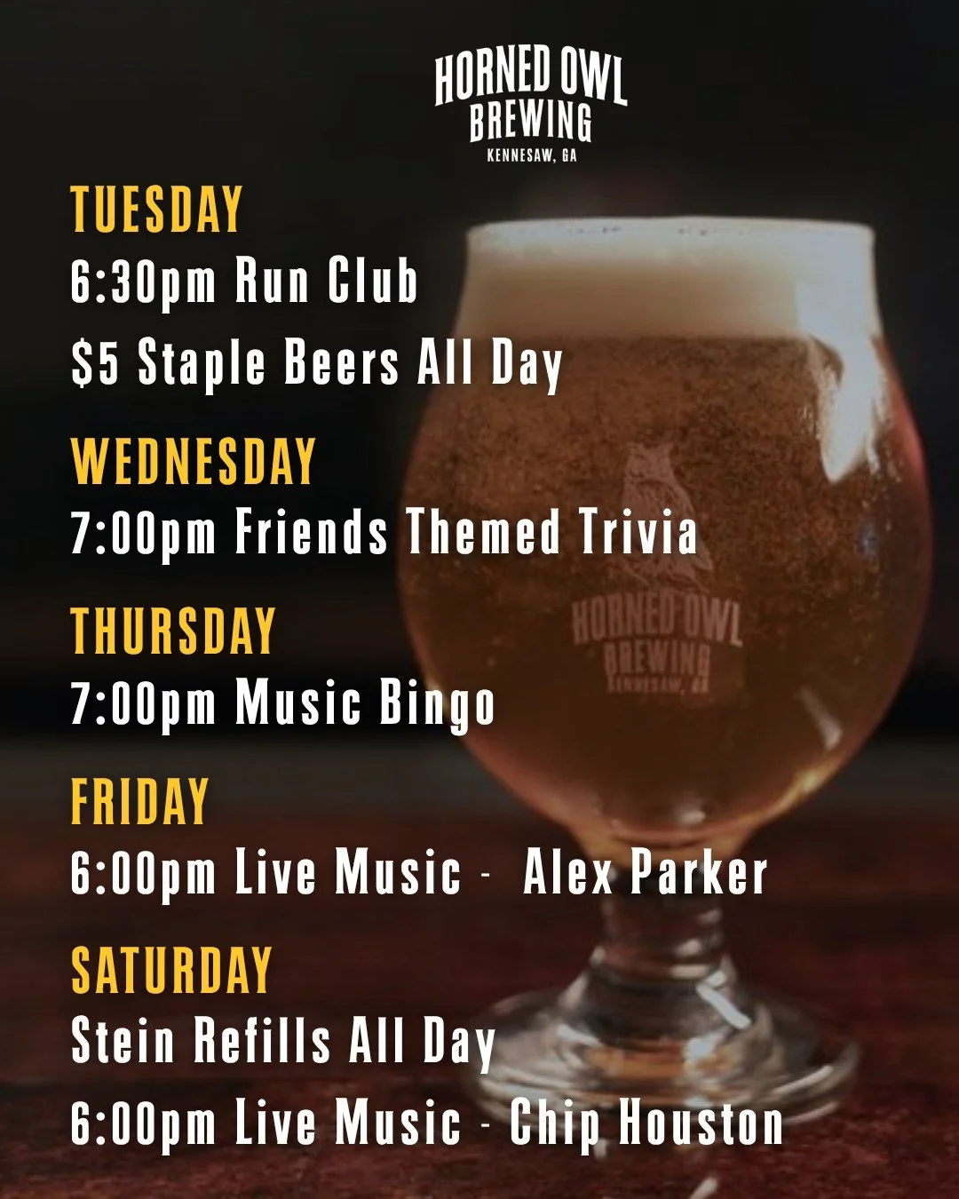This week at Horned Owl! 🦉🍻

- Friends themed trivia is tomorrow at 7:00! Be sure to get here early to get your team a table!
- Saturday bring in your Horned Owl Steins for $12 refills!
- Live Music Friday and Saturday Night!

#HornedOwlBrewing #dr