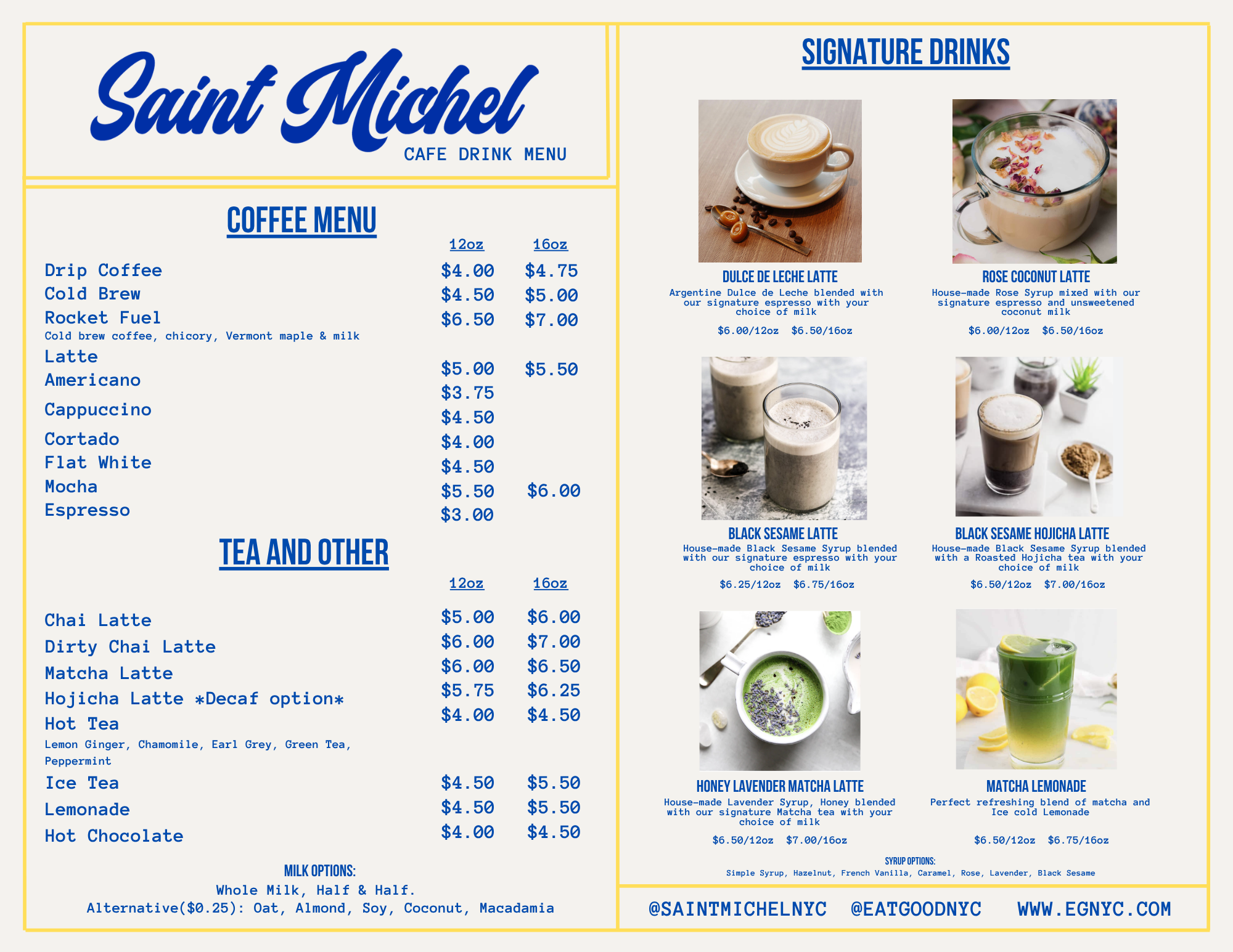 Cafe menu featuring various coffee drinks on the left and images of signature drinks on the right, including lattes, matcha, and honey lavender matcha latte.