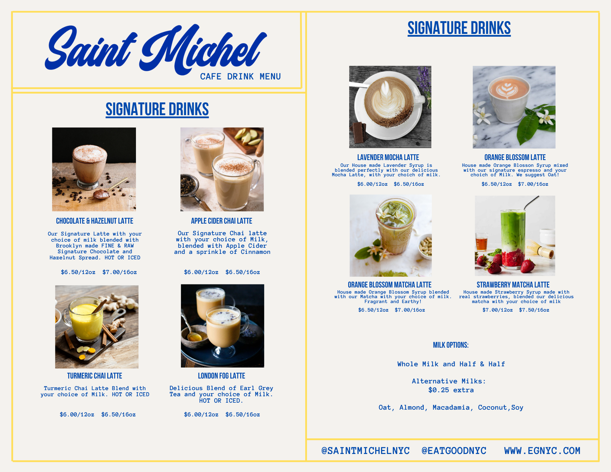 A cafe menu featuring Saint Michel with signature drinks including various flavored lattes and other beverages, accompanied by images of the drinks on the menu.