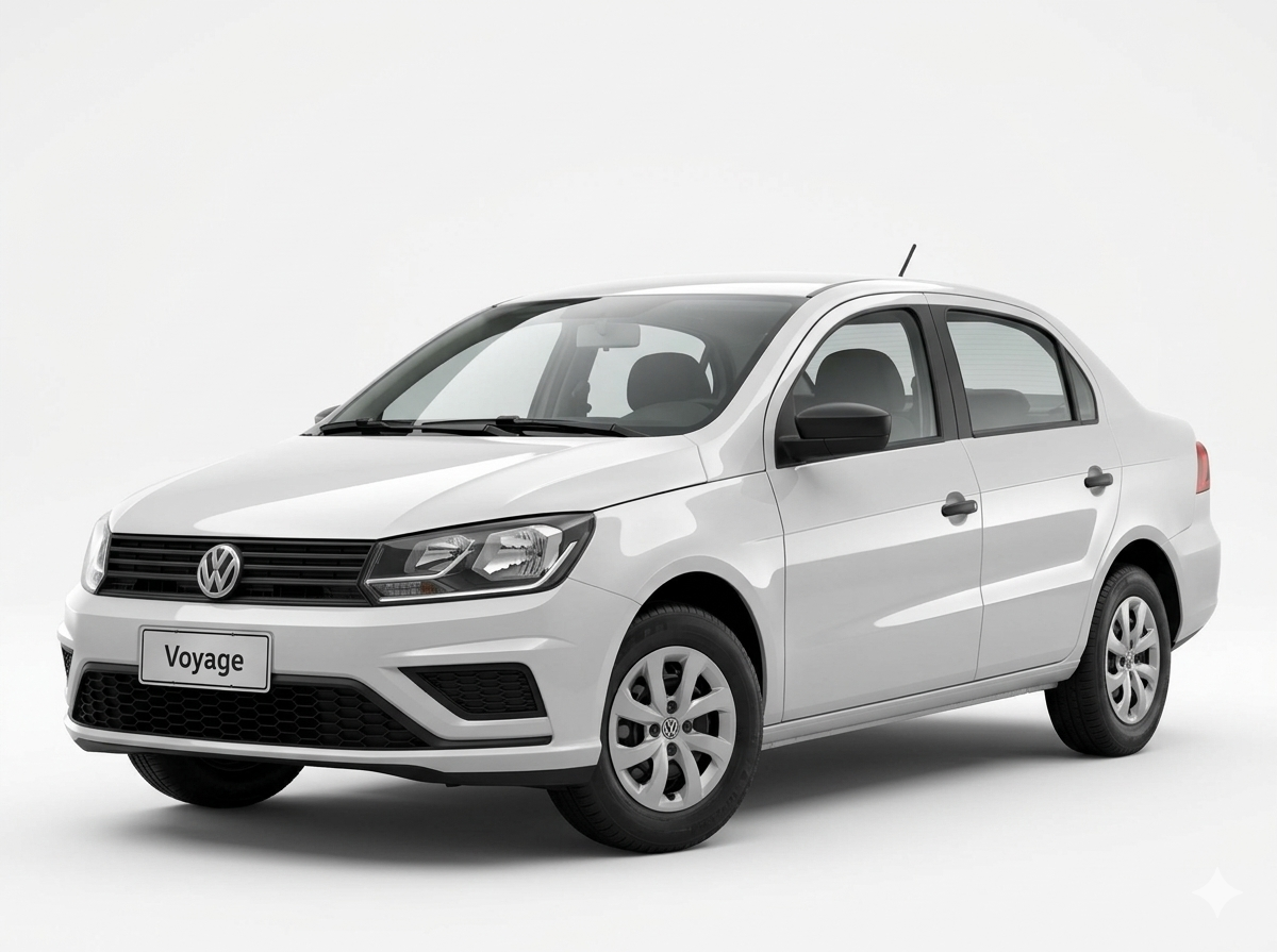 Carro branco sedã com logotipo VW, modelo Voyage, em fundo branco.