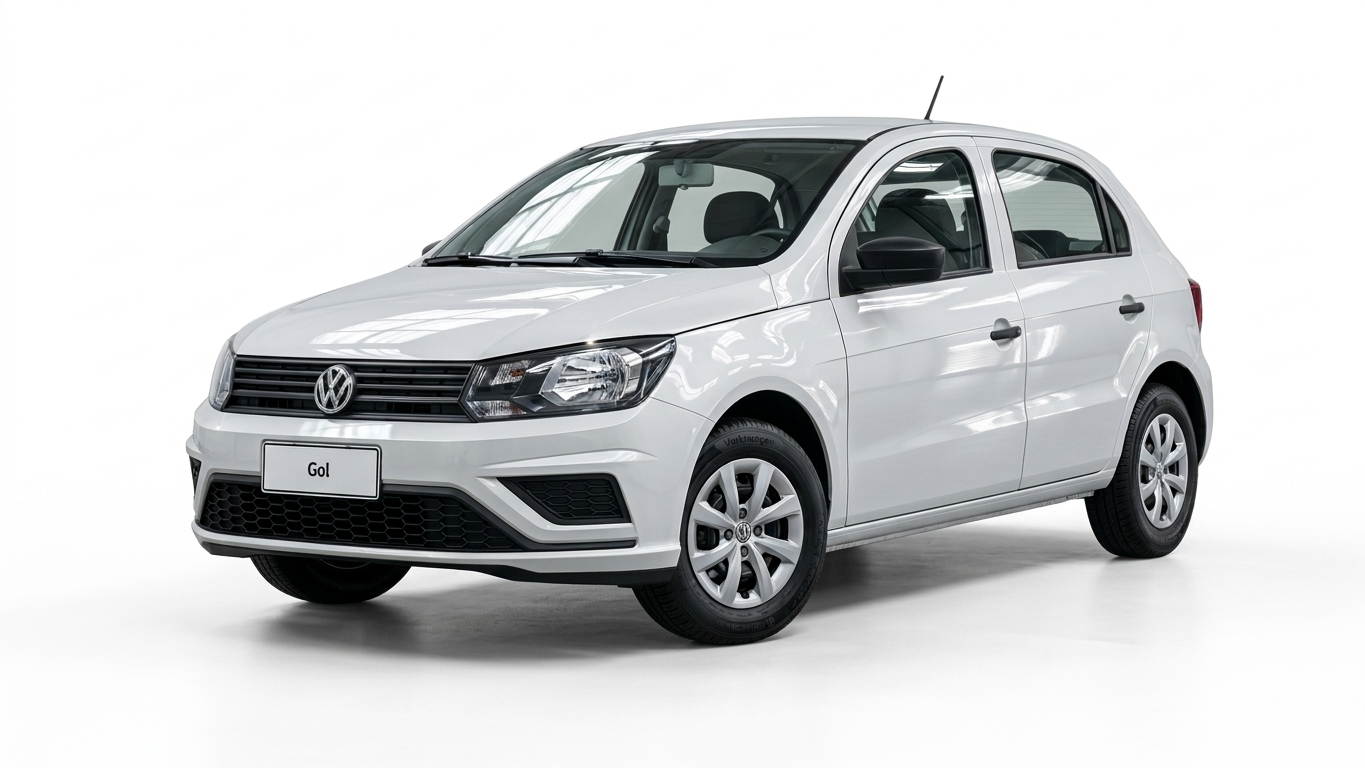 Carro branco modelo Gol da Volkswagen em fundo branco