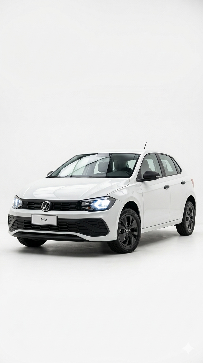 Carro compacto branco da Volkswagen, modelo Polo, com detalhes em preto, colocado em fundo branco.