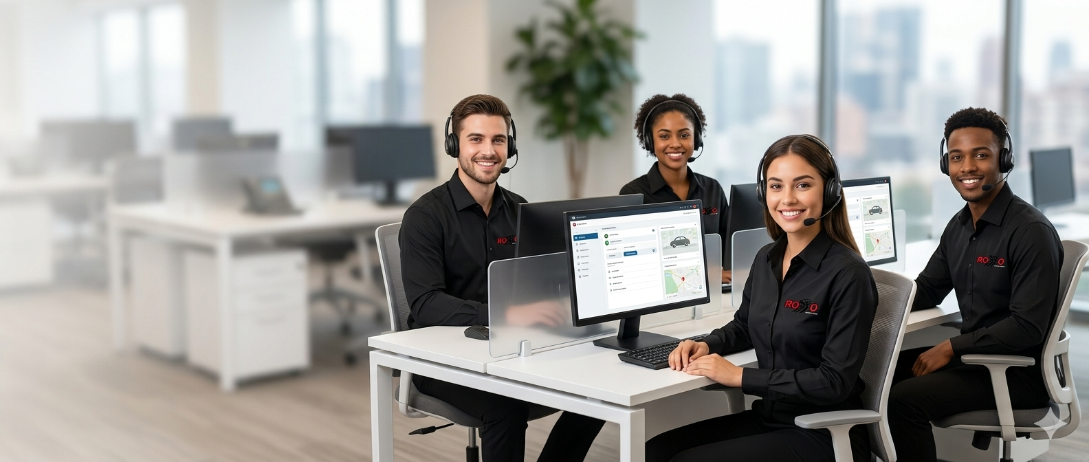 Equipe de suporte ao cliente em uma empresa de tecnologia, todos usando fones de ouvido com microfone, sentados em frente a computadores com softwares de atendimento ao cliente na tela, escritório moderno com janelas grandes ao fundo