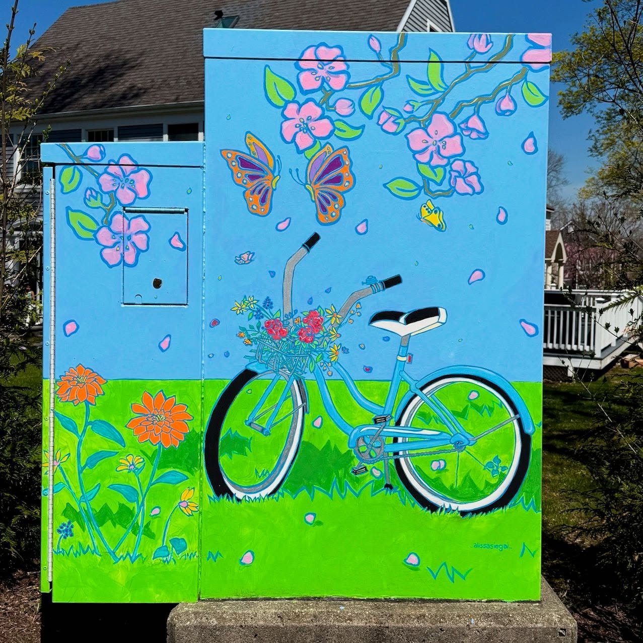 got the opportunity to refresh an old project- thanks to @stamforddowntown for their project of local artists painting signal boxes!! #stamford #stamfordct #ctartists #artoutside #bikebox #butterfliesandflowers #colorsplash
