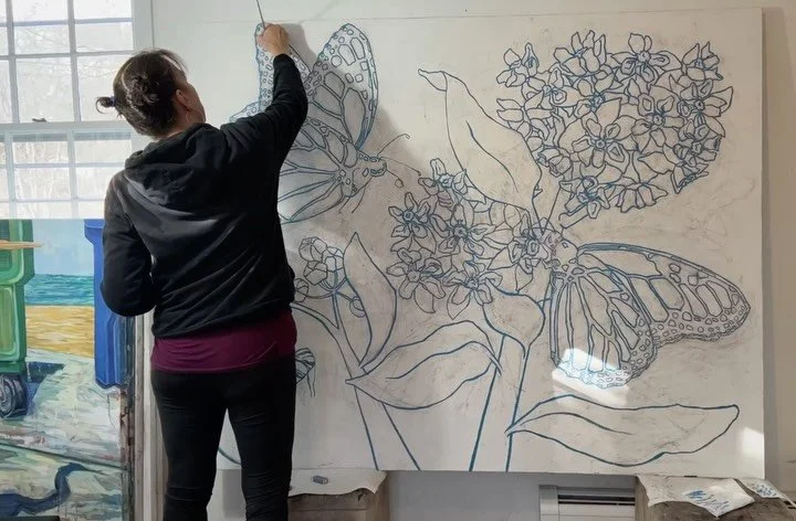 it&rsquo;s slow going but juicy colors are coming! #monarchsandmilkweed #pollinators #pollinatorgardens #stamfordartists #stamfordmurals #ctmurals #ctartist #wip #nyaaalumni #colorglow #juicy