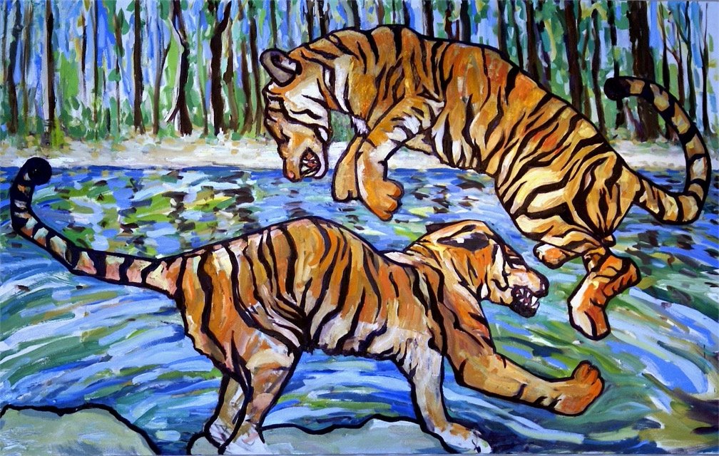 Fighting Tigers, oil on canvas, 42"x66, $2,800