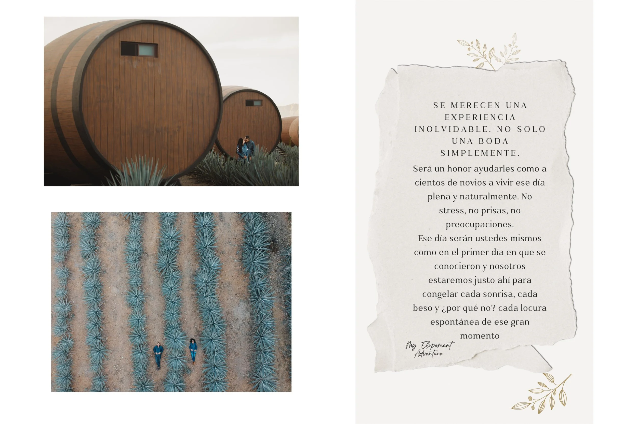 Top left image of large wooden wine barrels with two people standing near agave plants. Bottom left aerial view of a field of agave plants with two people walking. Right side features a stylized text in Spanish about a memorable wedding experience. D
