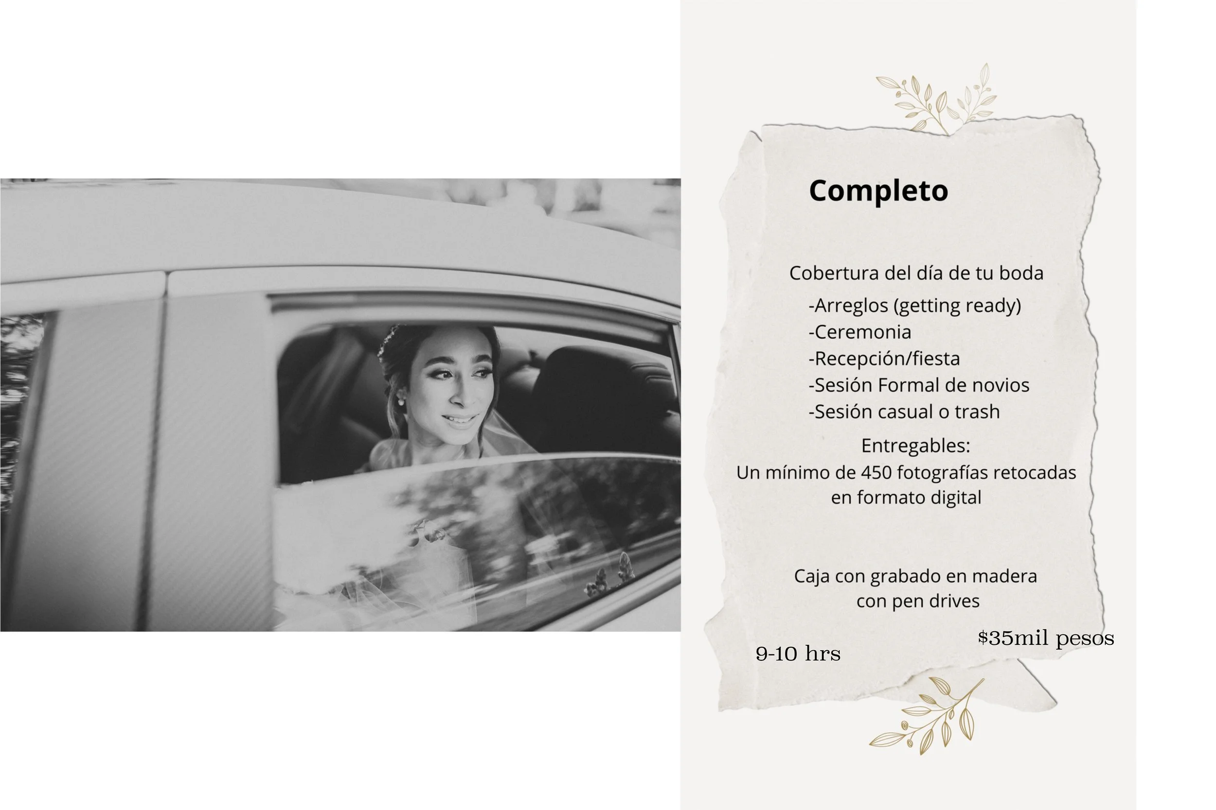 Black and white photo of a bride looking out a car window, alongside a Spanish text detailing wedding photography packages.