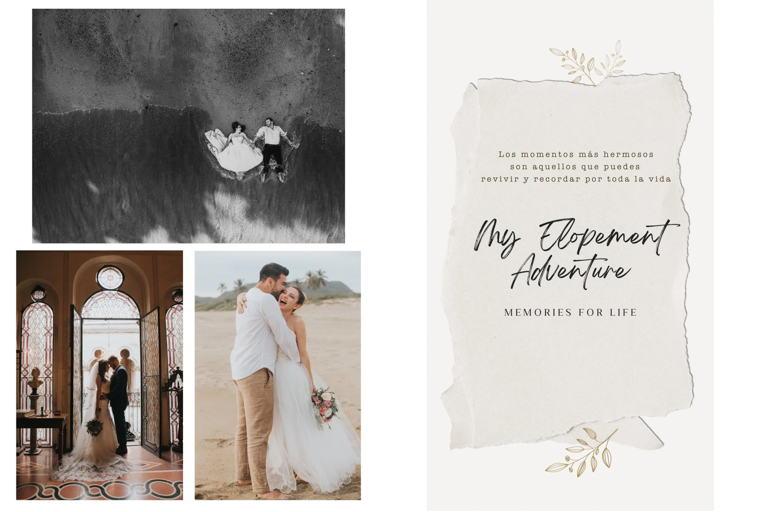 Collage of wedding moments with an elopement theme, including a couple on the beach, a wedding kiss in a decorative setting, and a text card saying "My Elopement Adventure: Memories for Life" in English and Spanish.