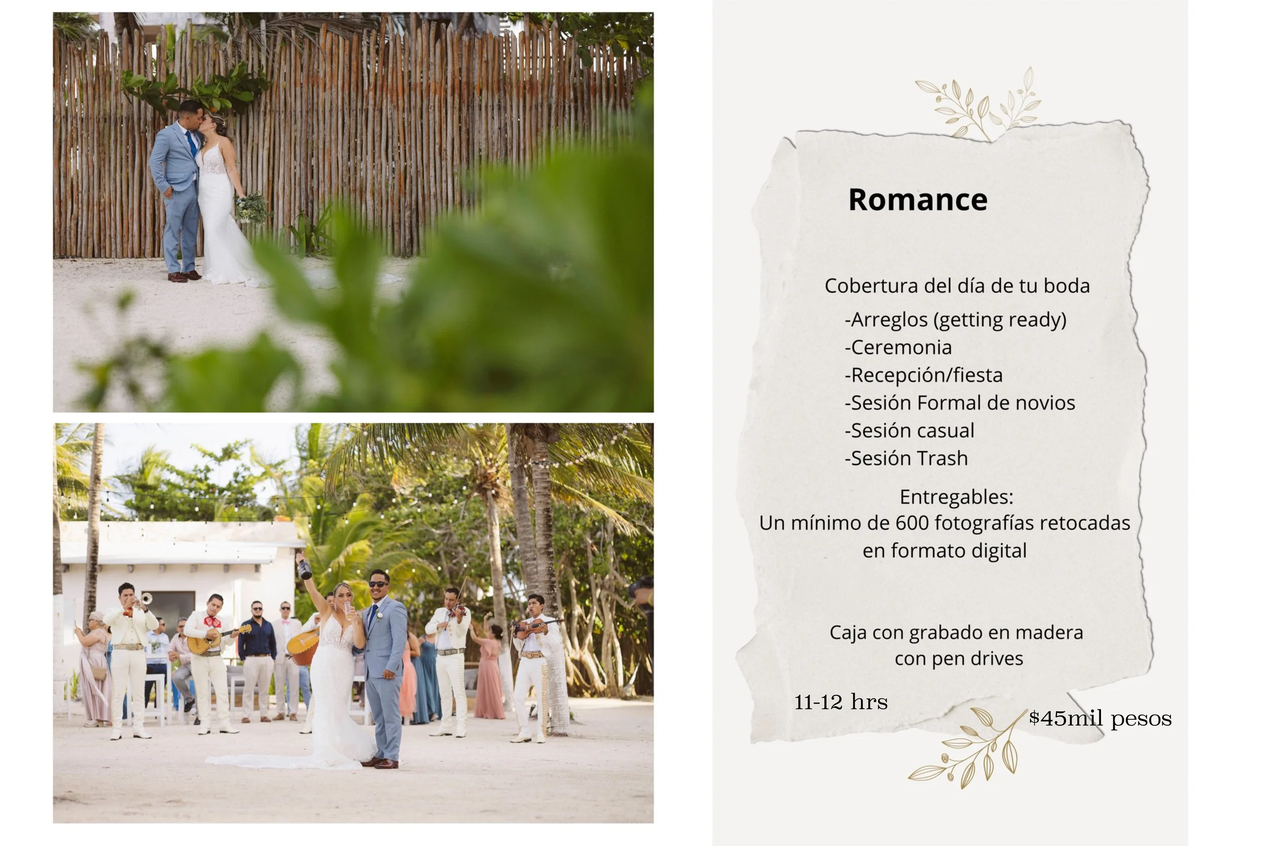 Wedding couple posing outdoors, with a wooden fence and greenery in the background. In another image, the couple stands with a mariachi band and guests, set in a tropical location. A text on the right offers wedding photography services in Spanish, d