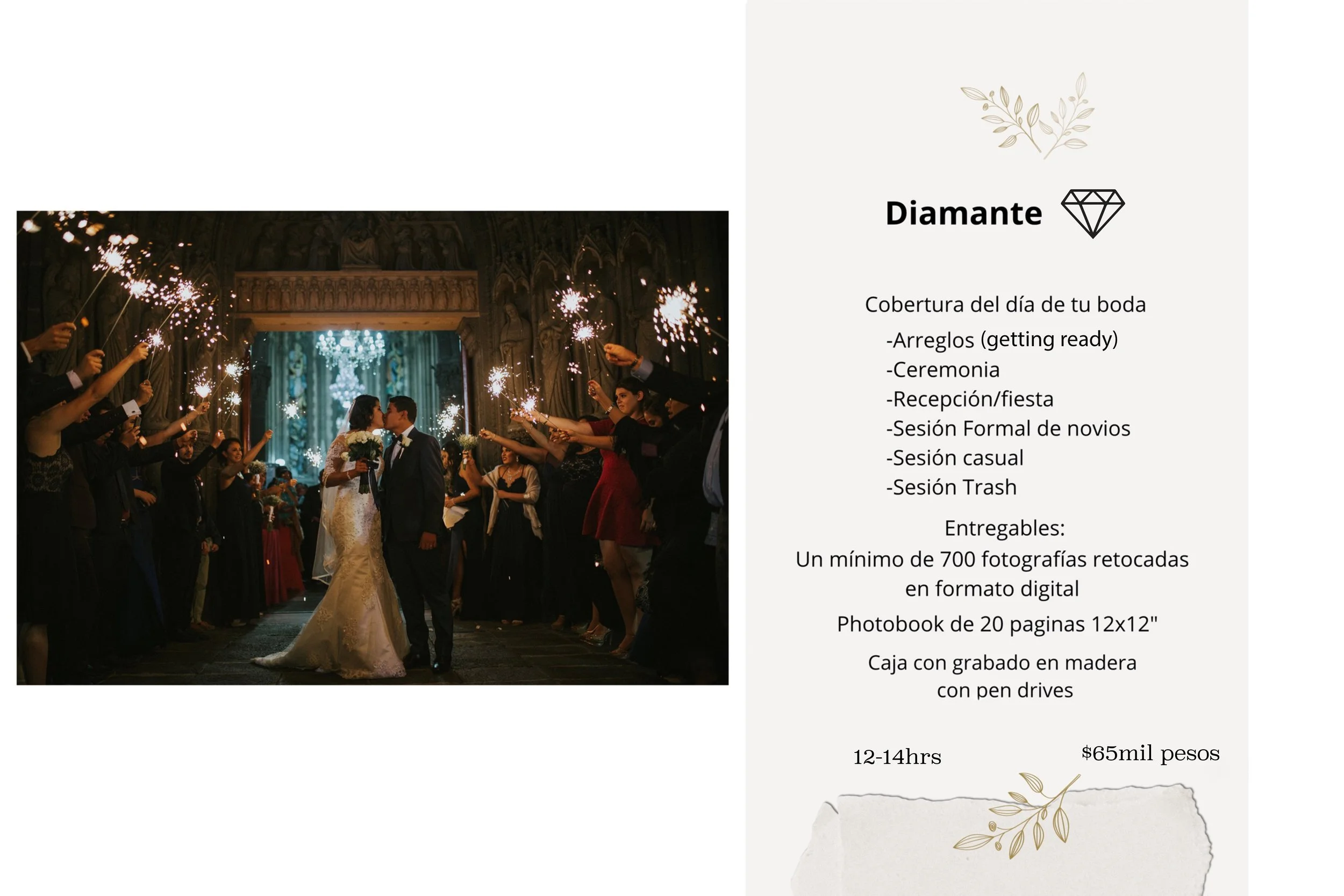 Wedding couple kissing surrounded by guests with sparklers; text on the right offers a wedding photography package with various services and deliverables in Spanish, priced at 65,000 pesos for 12-14 hours.