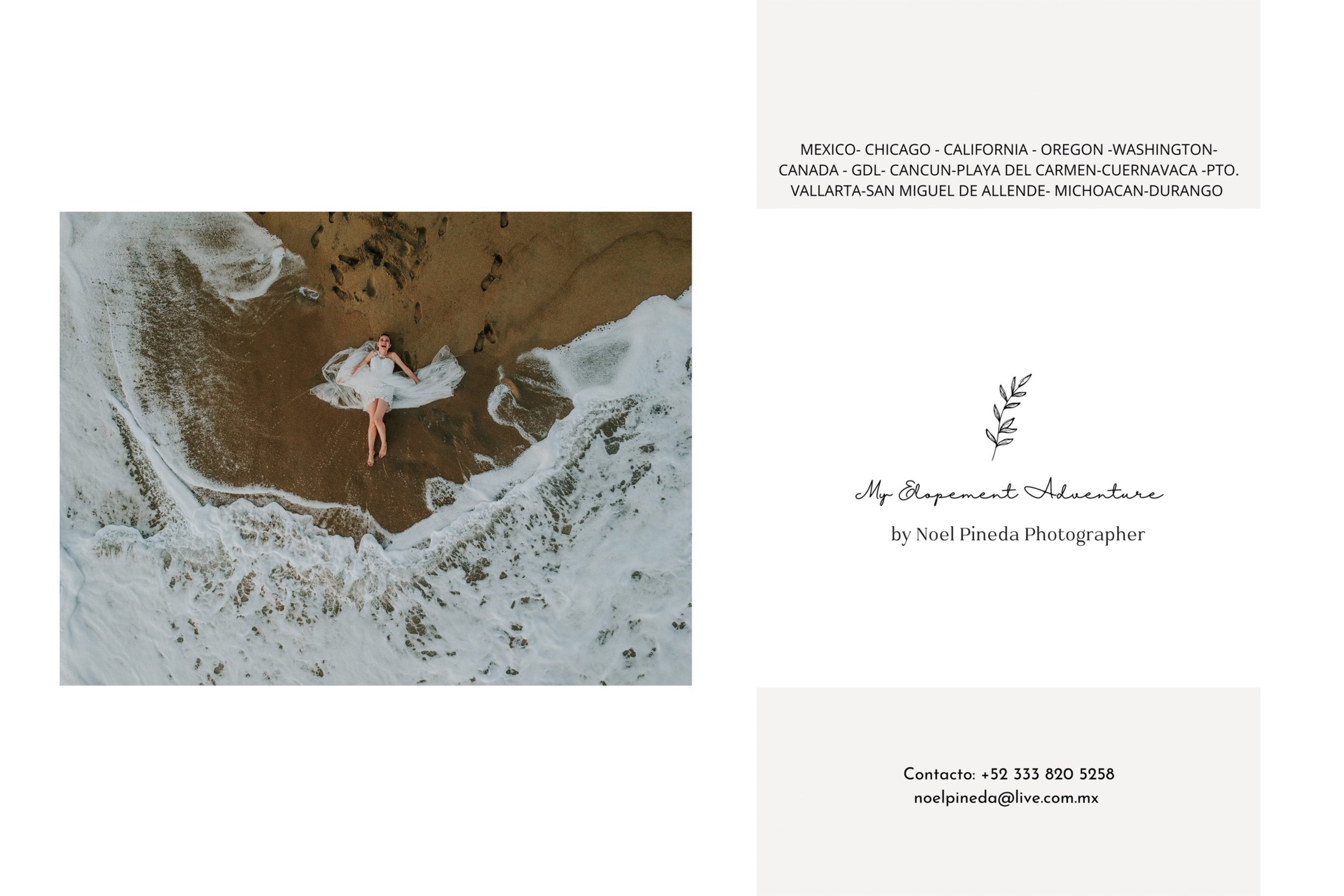 Aerial view of a bride in a white dress lying on a sandy beach near the ocean waves. Contact information for Noel Pineda Photographer is included on the side.