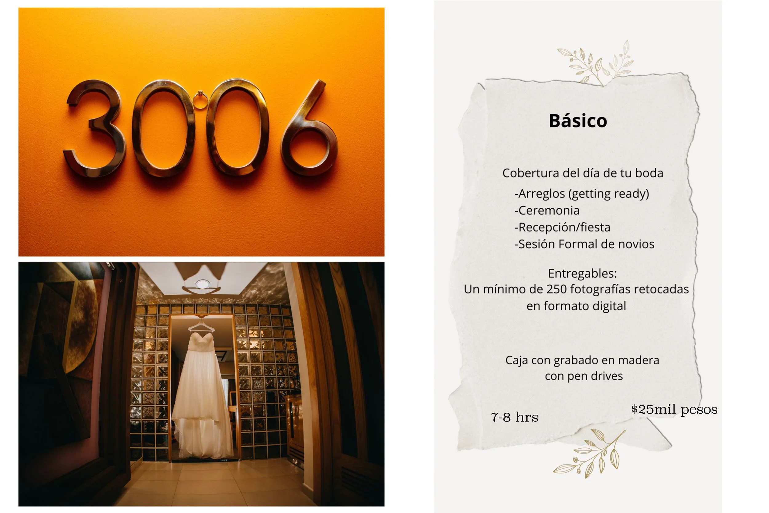 Collage with wedding service details: top left shows hotel room number 3006 on an orange wall; bottom left image features a wedding dress hanging in a glass-tiled room; right side shows a wedding photography package description in Spanish, titled 'Bá