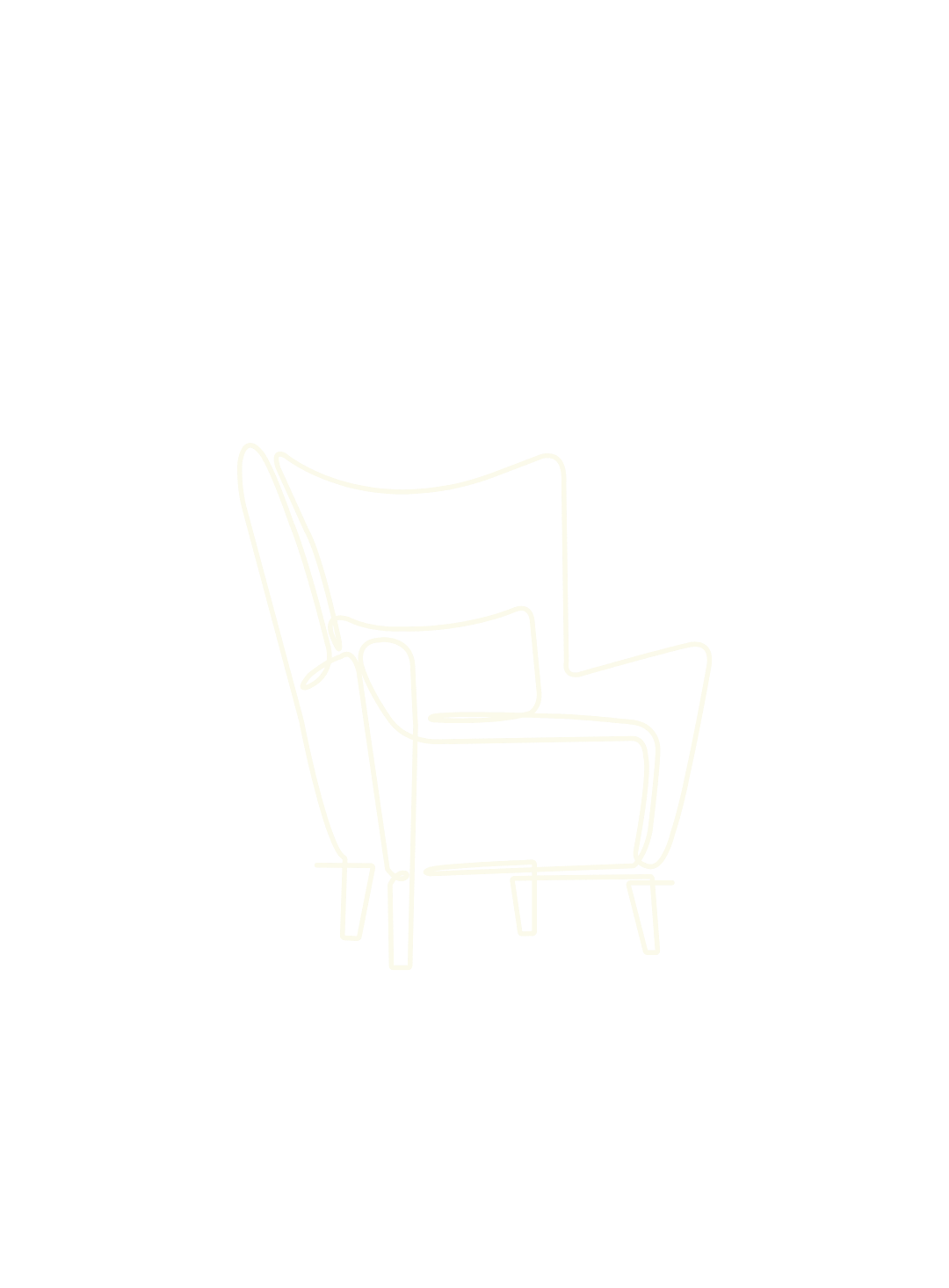 A white line drawing of a modern armchair with a cushion on a black background.
