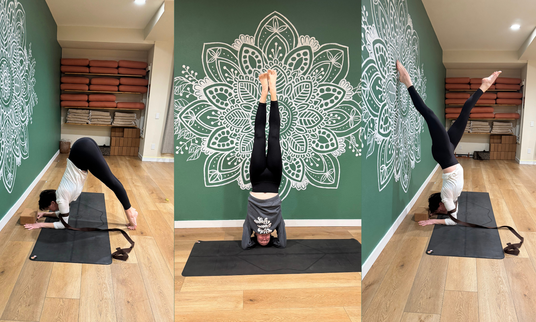 A person demonstrating yoga poses in a studio with green walls adorned with white mandala art, wooden flooring, and yoga supplies on shelves. The poses include a downward dog, a headstand, and a handstand against the wall.