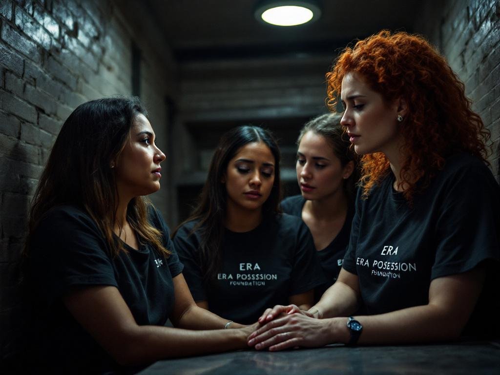 Four women in a dimly lit room sitting closely together, wearing black shirts with text, holding hands in a supportive manner.