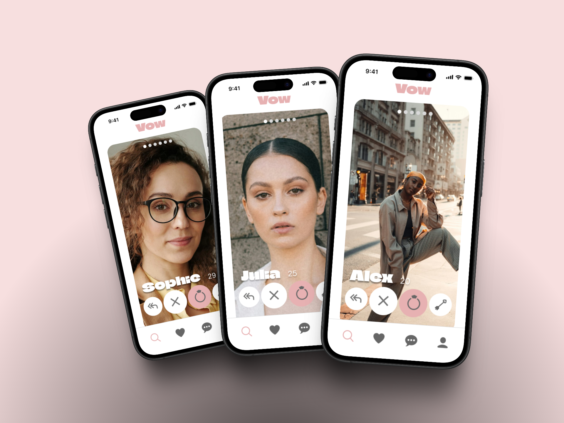 Three smartphones displaying profiles in a dating app with photos and names of individuals, featuring navigation and interaction buttons.