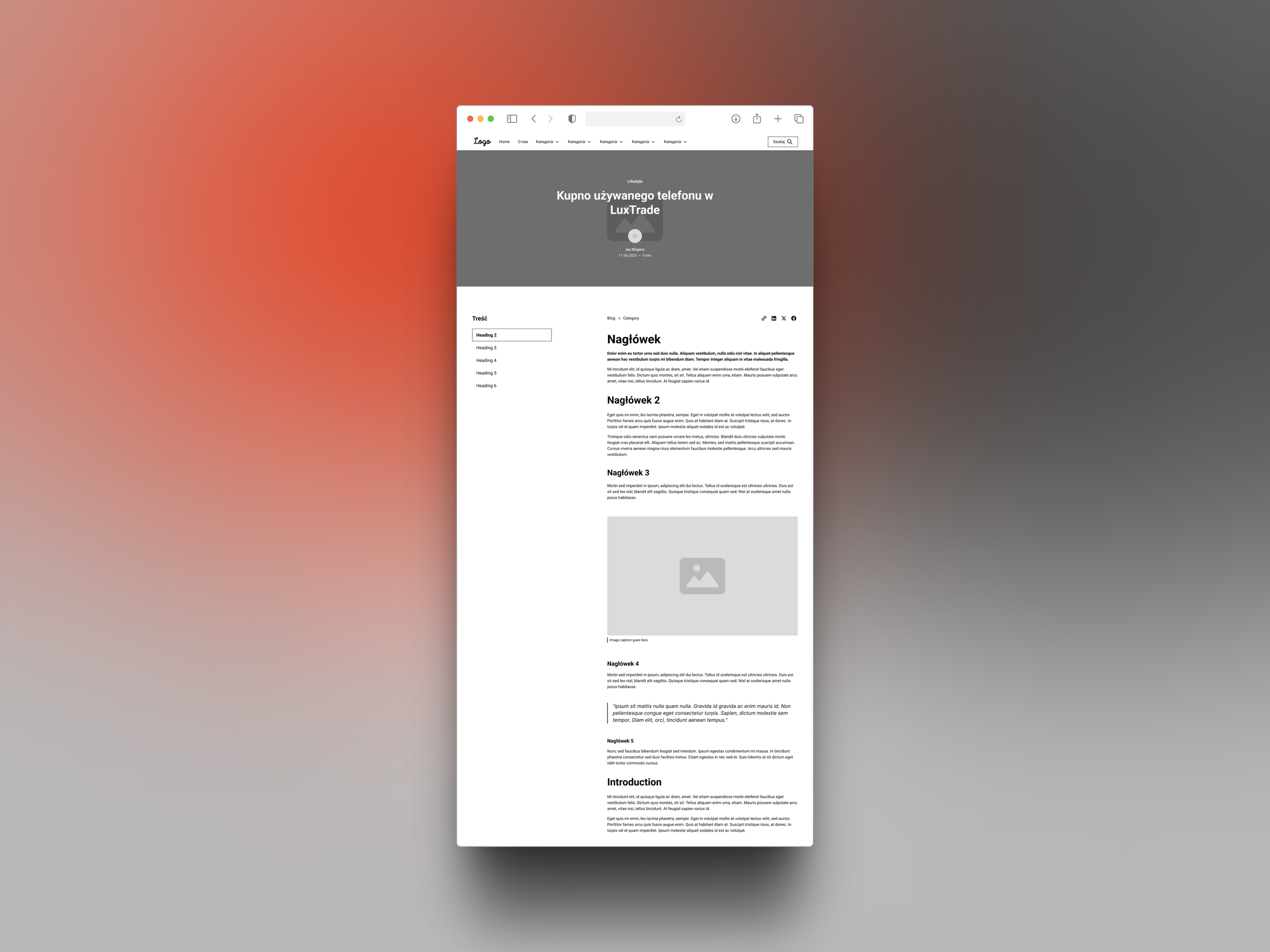 Web page design mockup with gray header, search bar, logo, and placeholder text. The layout includes headings and a large image placeholder in a vertical scroll format on a red gradient background.