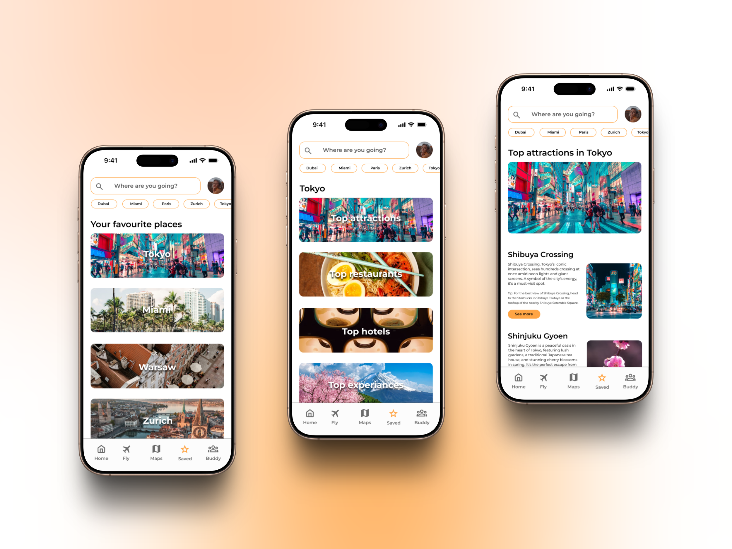 Three smartphones displaying a travel app interface featuring city guides for Tokyo, Miami, Warsaw, and Zurich, with categories for top attractions, restaurants, hotels, and experiences. The screens highlight images and brief descriptions of popular